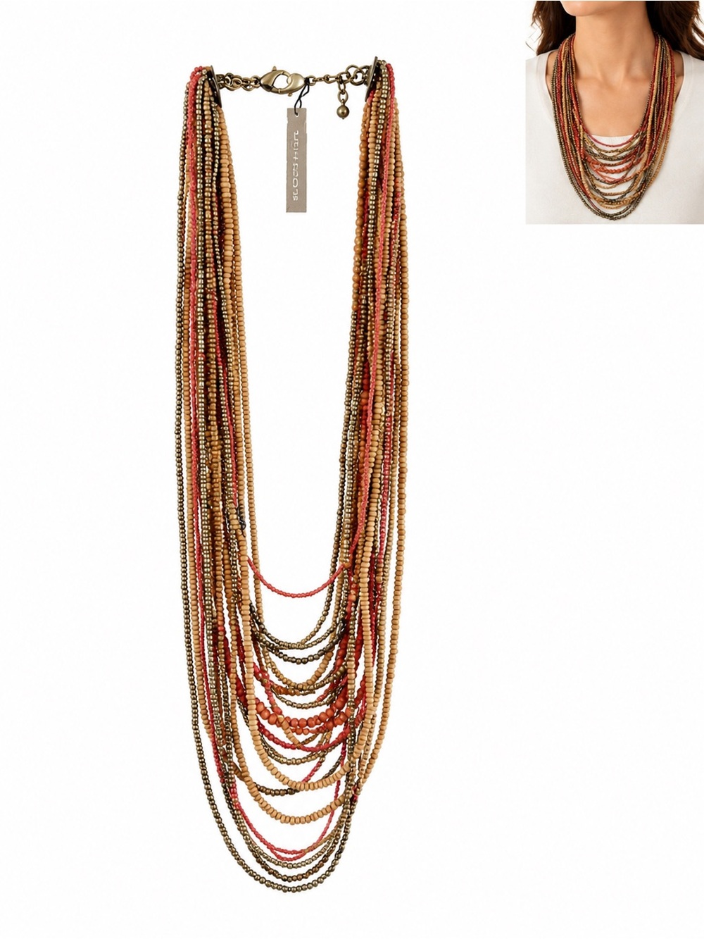 $60 Chicos Multi-Strand Bead Necklace in brown Coral Gold statement chunky boho